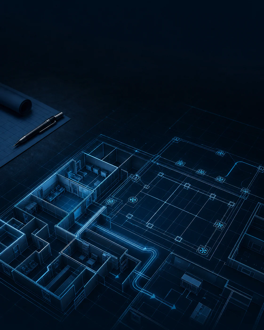 Cyan színű tisztatéri CAD alaprajz sötét asztalon