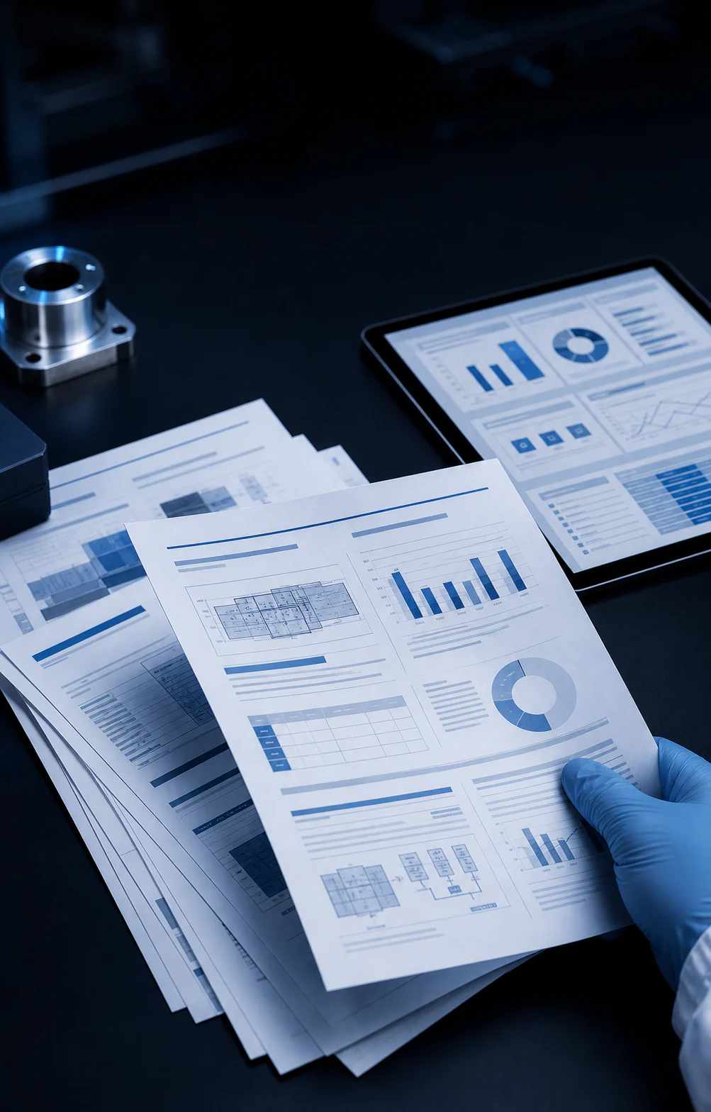 Mérési jelentések, diagramok és tablet az asztalon